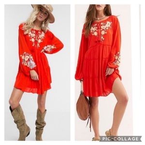 Free People Spell On You medium embroidered babydoll dress orange red